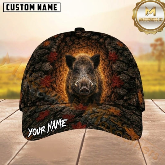Maxcorners Hunting Black Brown Gray Boar Autumn Leaves Rocky Cave Customized Name 3D Cap