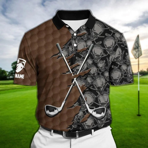 MaxCorners Premium Coolest Skull Brown Pattern Golf Polo Shirts Multicolored Customized Name Polo For Men