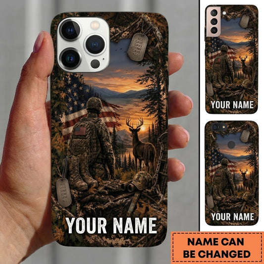 Maxcorners Hunting Soldier Deer US Flag Sunset Customized Name Phone Case