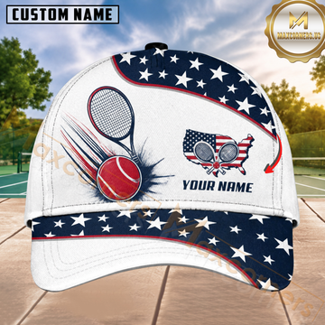 Maxcorners Tennis US Map & Stars American Flag Personalized Name 3D Cap
