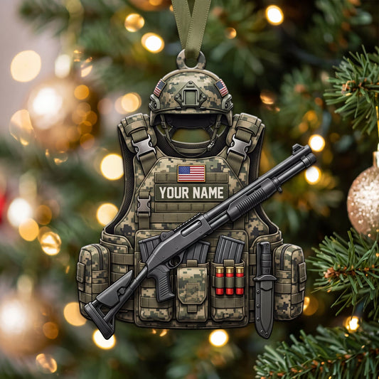 Maxcorners Military Woodland Camo Helmet Vest And Rifle Personalized Name 3D Keychain And Ornament