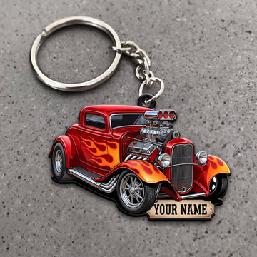 Maxcorners Hot Rod Red Classic Roadster with Orange Flames and Custom Name Banner Personalized Name 3D Keychain And Ornament