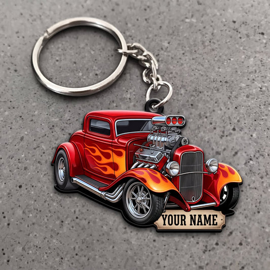 Maxcorners Hot Rod Red Classic Roadster with Orange Flames and Custom Name Banner Personalized Name 3D Keychain And Ornament