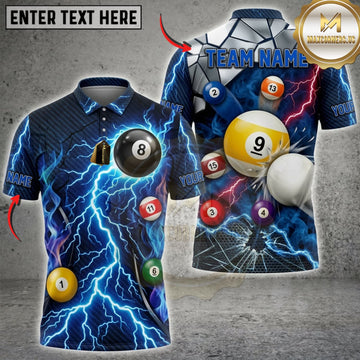 Maxcorners Billiards Blue Lightning And Colorful Pool Balls Personalized Name 3D Unisex Shirt