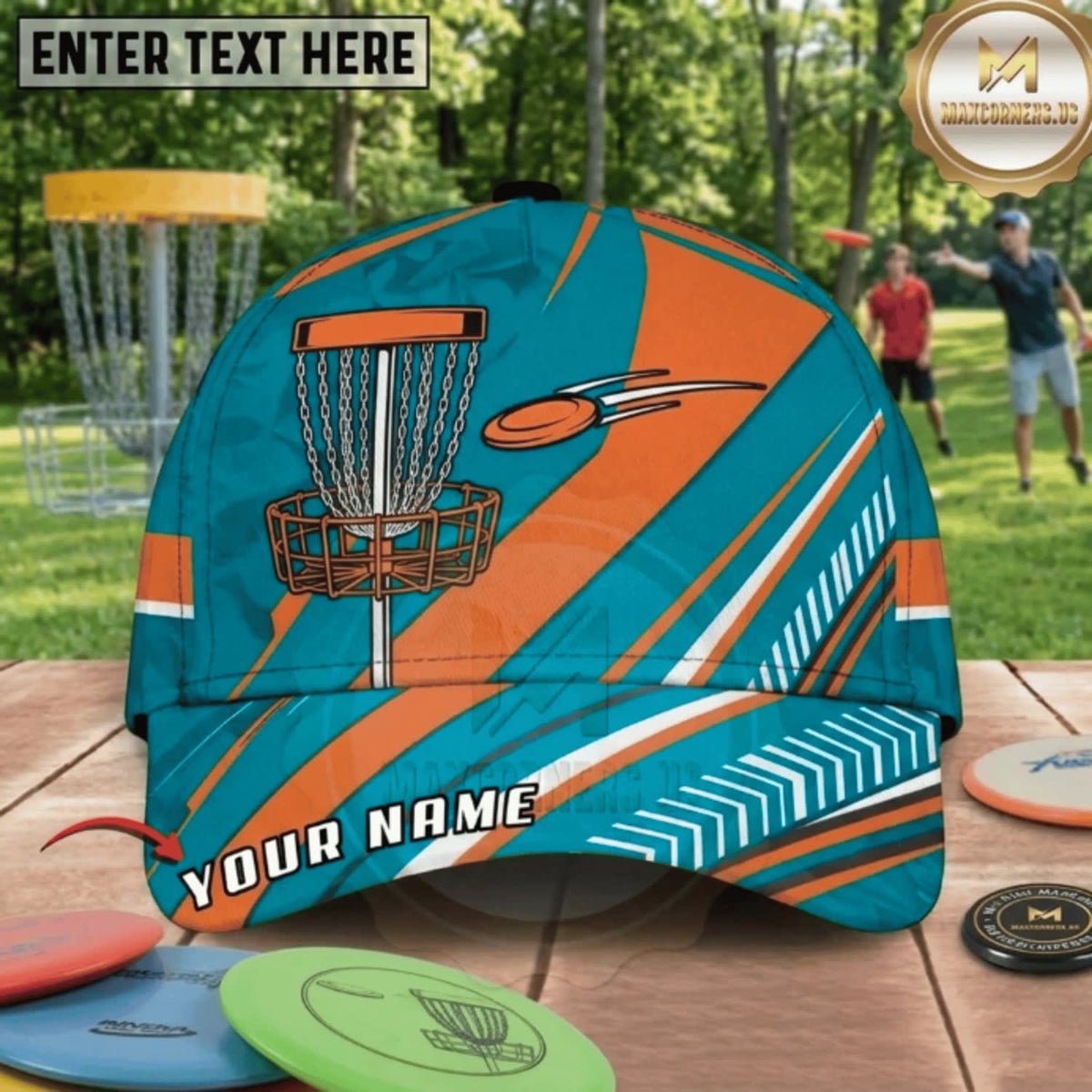 (7 Colors) Maxcorners Disc Golf Dynamic Stripe Chain Basket Personalized Name 3D Cap LM3009