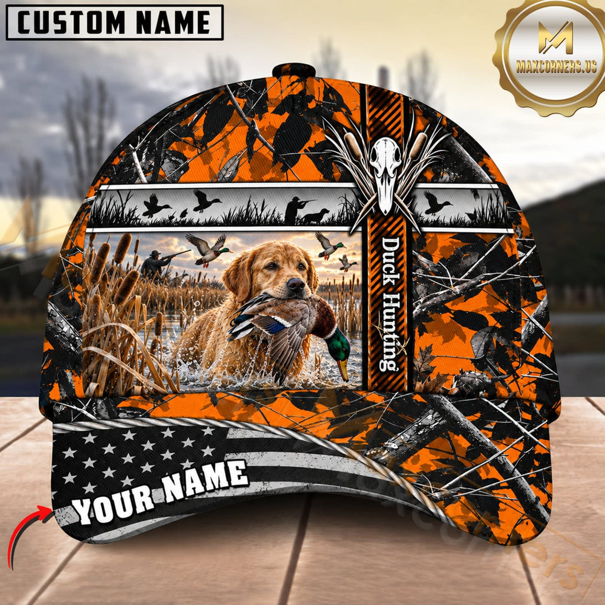 Maxcorners Dog Hunting And Duck Orange Black Geometric Camo Hunting Scene Multiple Options Personalized Name 3D Cap