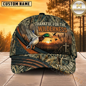 Maxcorners Duck Hunting Mallard Duck Thankful for the Wilderness Cross and Flight Camo Customized Name 3D Cap