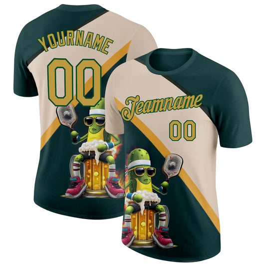 Maxcorners Pickle Mascot Drinking Beer Mug Pickleball Paddle Retro Sport Personalized Name 3D Unisex Shirt