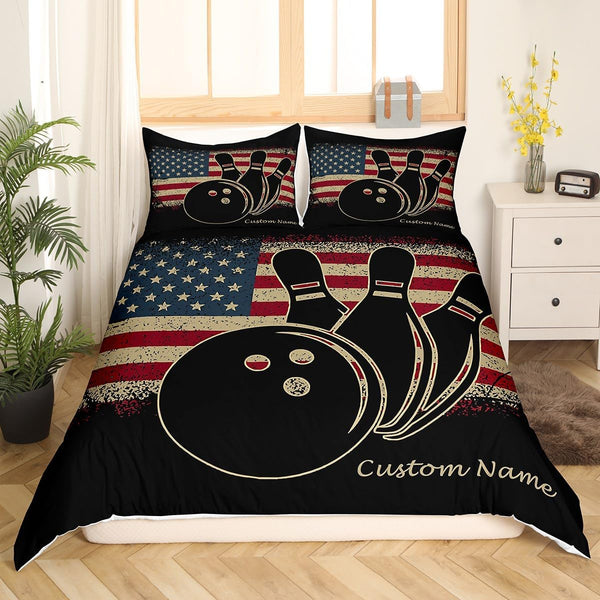 Maxcorners American Bowling Ball And Pins 3D Custom Name Bedding Set