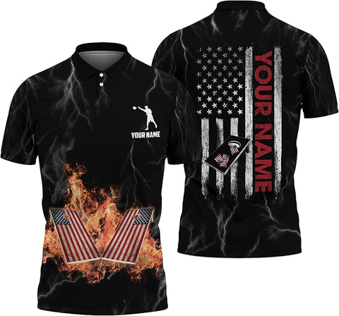 Maxcorners  USA Flag Reto Pattern Custom Name Flame Cornhole 3D Shirt For Team