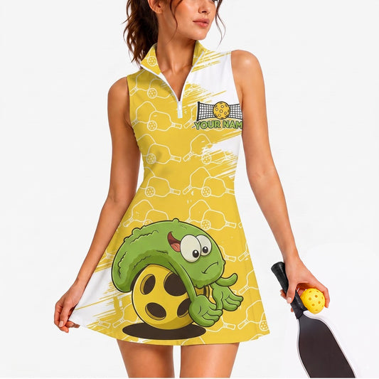 Maxcorners Pickleball Sleeveless Zipper Sports Dress Set Yellow Cartoon Turtle Pickleball Personalized Name 3D Sleeveless Zipper Sports Dress Set