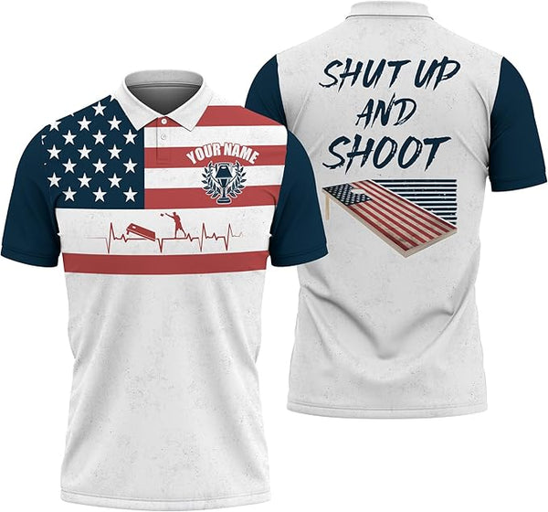 Maxcorners Heartbeat USA Flag Pattern Custom Name Flame Cornhole 3D Shirt For Team