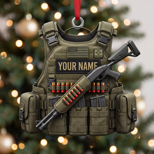 Maxcorners Olive Tactical Vest Rifle And Ammunition Personalized Name 3D Keychain And Ornament