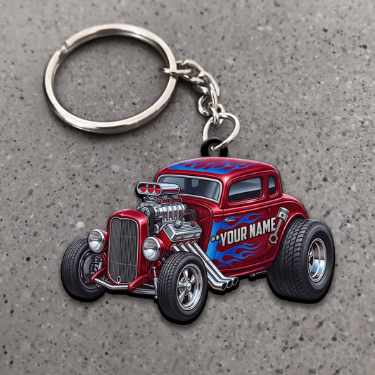 Maxcorners Hot Rod Red Vintage Roadster with Blue Racing Stripes Personalized Name 3D Keychain And Ornament