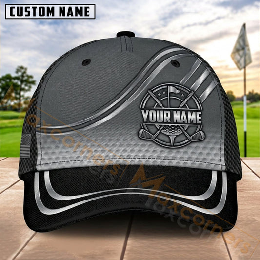 Maxcorners Golf Gray Silver Shield Dynamic Wave Personalized Name 3D Cap