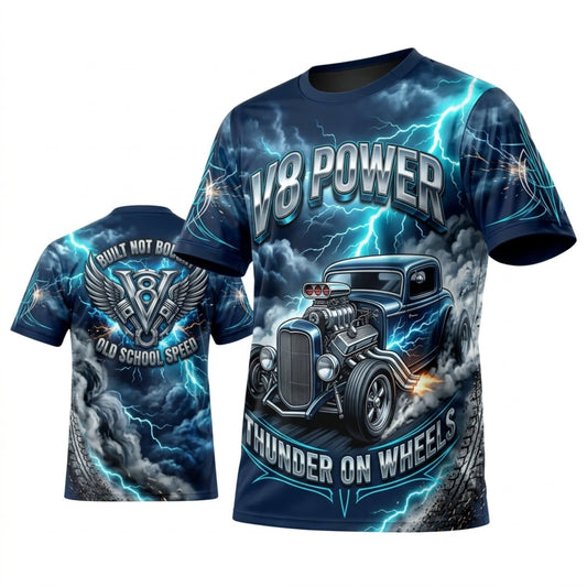 Maxcorners Personalized Car Classic Muscle Car 3D T-Shirt – V8 Powered Ice Blue Black Custom Hot Rod