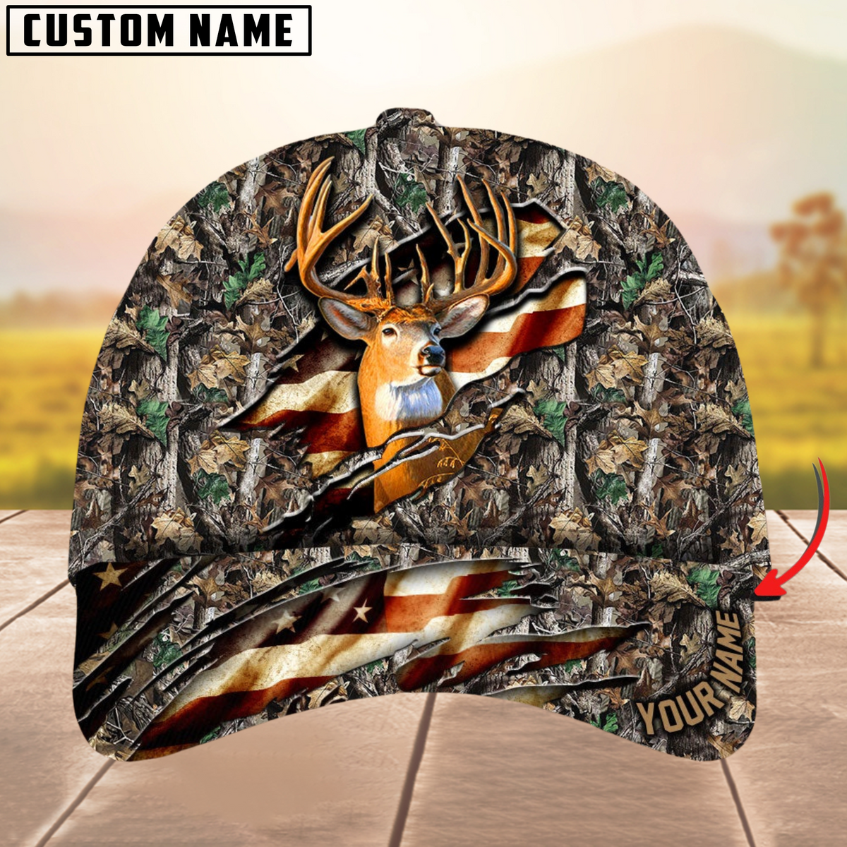 Maxcorners Deer Hunting Eternity Cracked Flag Multicolor Personalized Name 3D Cap