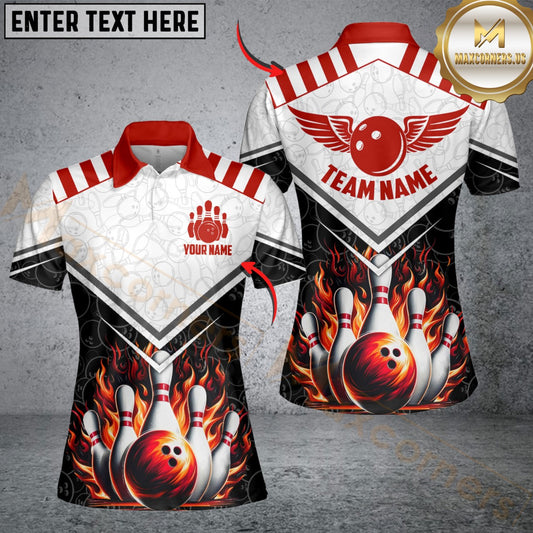 Maxcorners Bowling Fire Wings Strike Design Multicolor Customized Name, Team Name 3D Shirt For Women