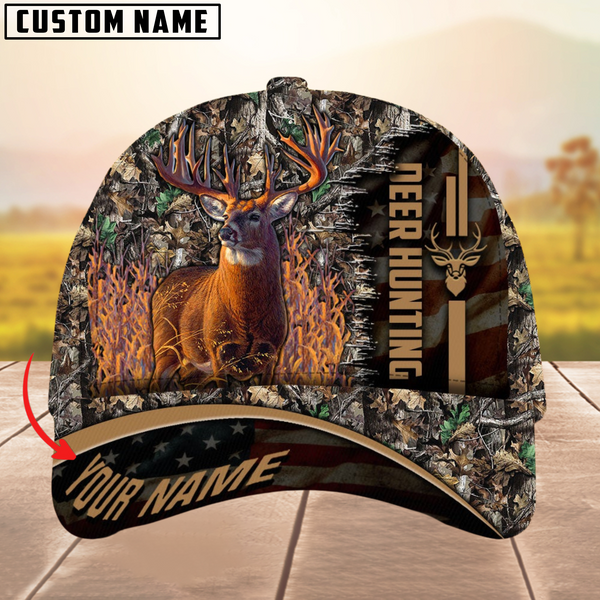 Maxcorners Premium Unique Version Of USa Flag Deer Hunting Multicolor Option Personalized Name 3D Cap