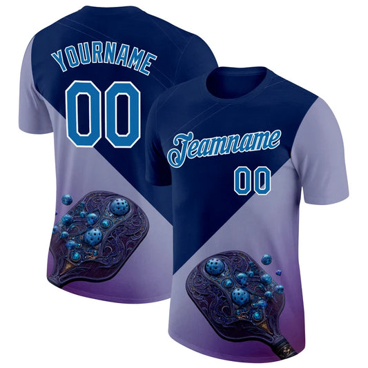 Maxcorners Ornate Carved Pickleball Paddle Glowing Balls Diagonal Split Blue Purple Personalized Name 3D Unisex Shirt