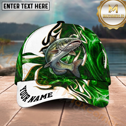 Maxcorners Fishing Green Tribal Swirl Personalized Name 3D Shirt (13 Fish Species)