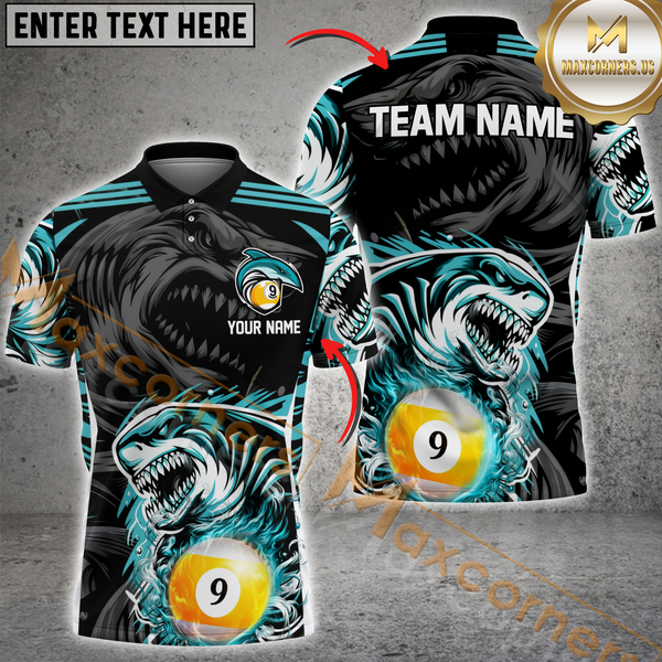 Maxcorners Ball 9 Shark Attack Billiard Jersey Custom Name, Team Name Pool 3D Shirt With Fierce Shark Design