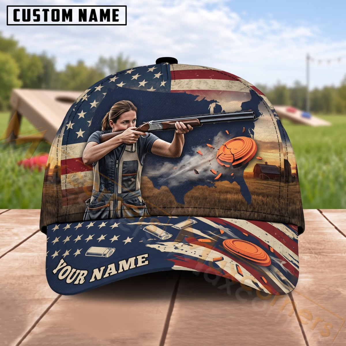 Maxcorners Trap & Skeet Shooting Patriotic Sunset Shooter Personalized Name 3D Cap