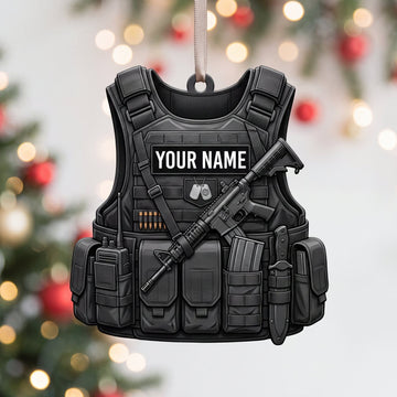 Maxcorners Military Black Tactical Vest And Rifle Personalized Name 3D Keychain And Ornament