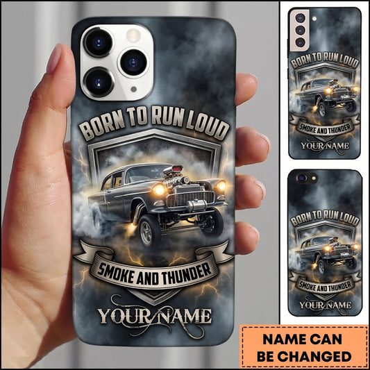 Maxcorners Hot Rod Silver Vintage Car with Gray Smoke and Classic Garage Badge Personalized Name 3D Phone Case