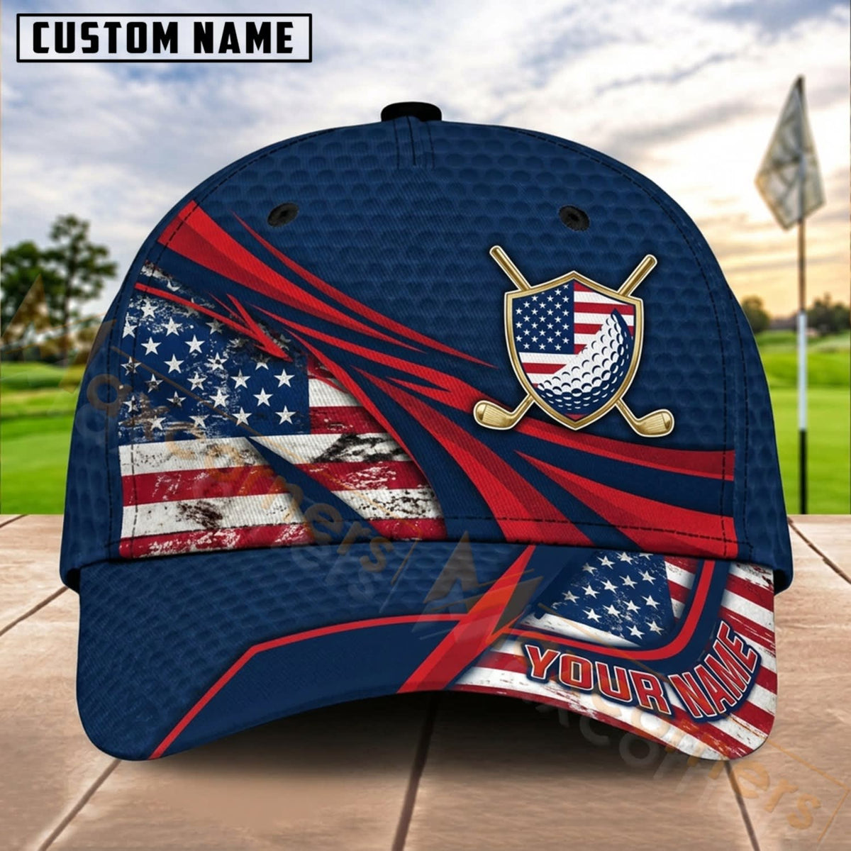 Maxcorners Golf USA Flag Shield Dynamic Stripe Personalized Name 3D Cap