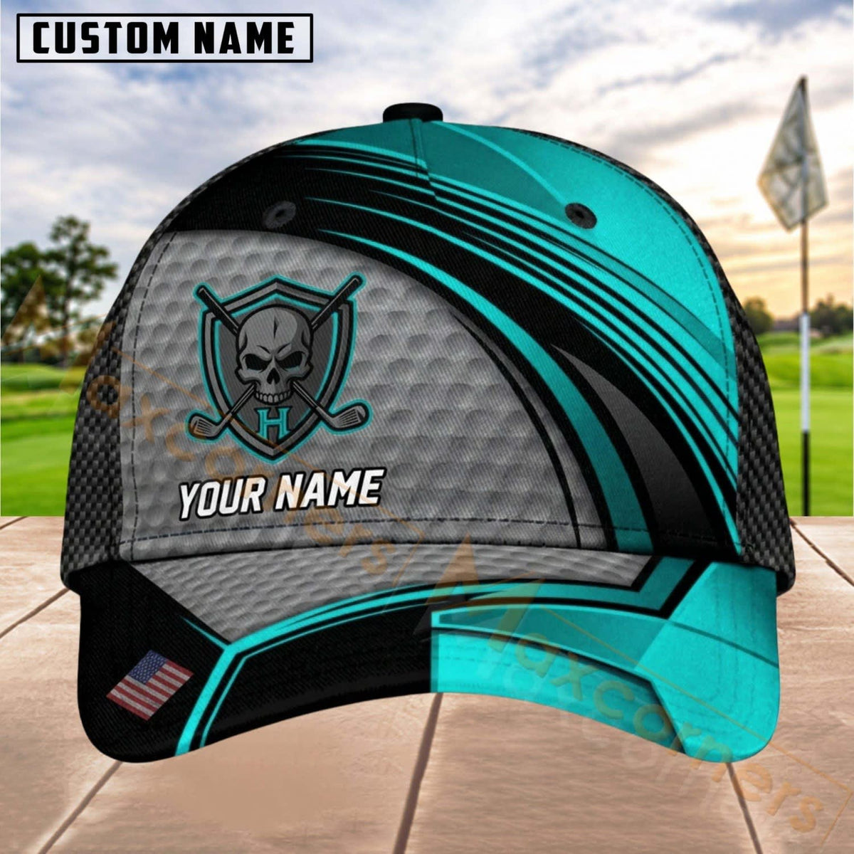 Maxcorners Golf Skull Shield Dynamic Stripe Personalized Name 3D Cap (8 Colors)