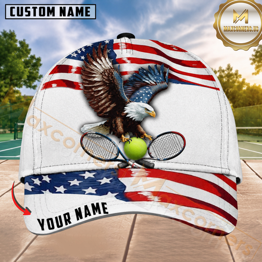 Maxcorners Tennis American Eagle Flag Rackets Personalized Name 3D Cap