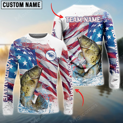 Maxcorners Crappie Fishing Watercolor Usa Flag Personalized Name, Team Name 3D Long Sleeve Shirt