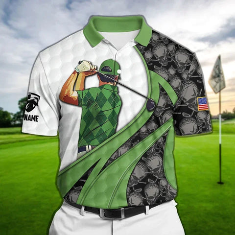 Max Corners Premium Coolest Golf Skull Green Pattern Golf Polo Shirts Multicolored Customized Name Polo For Men