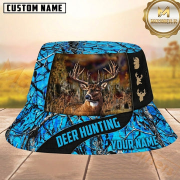 Maxcorners Deer Hunting Bright Blue Branch Camo with Black Panel and Textured Gold Emblems Personalized Name 3D Bucket Hat