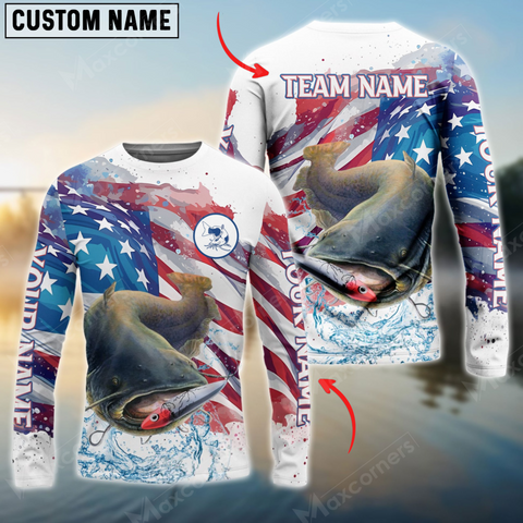 Maxcorners Catfish Fishing Watercolor Usa Flag Personalized Name, Team Name 3D Long Sleeve Shirt