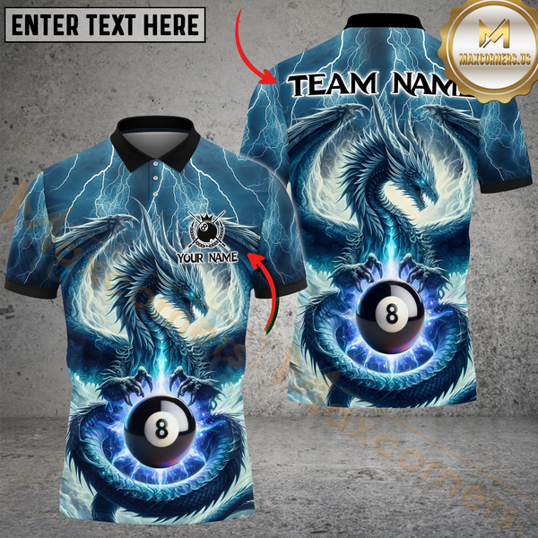 Maxcorners Billiard 8-Ball Pool Dragon Thunder Multicolor Option Customized Name, Team Name 3D Polo Shirt