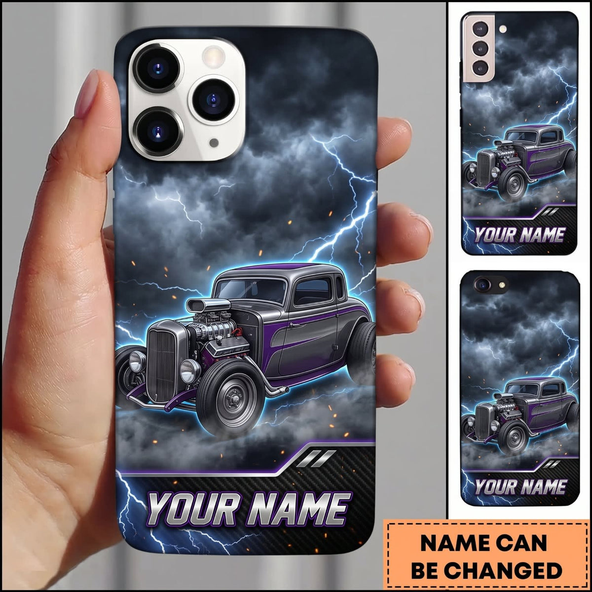 Maxcorners Hot Rod Purple Classic Car with Blue Lightning and Dark Storm Clouds Personalized Name 3D Phone Case