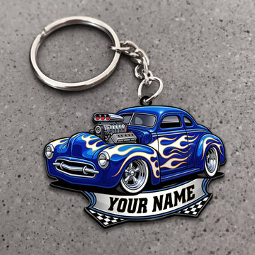 Maxcorners Classic Muscle Car Blue Racing Coupe with Silver Flame Graphics Personalized Name 3D Keychain And Ornament