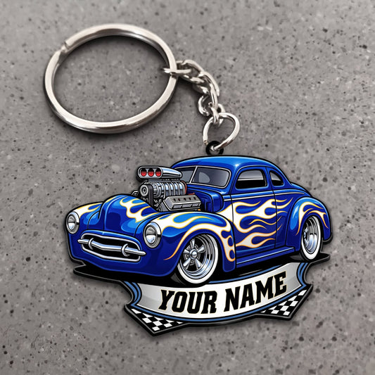 Maxcorners Classic Muscle Car Blue Racing Coupe with Silver Flame Graphics Personalized Name 3D Keychain And Ornament