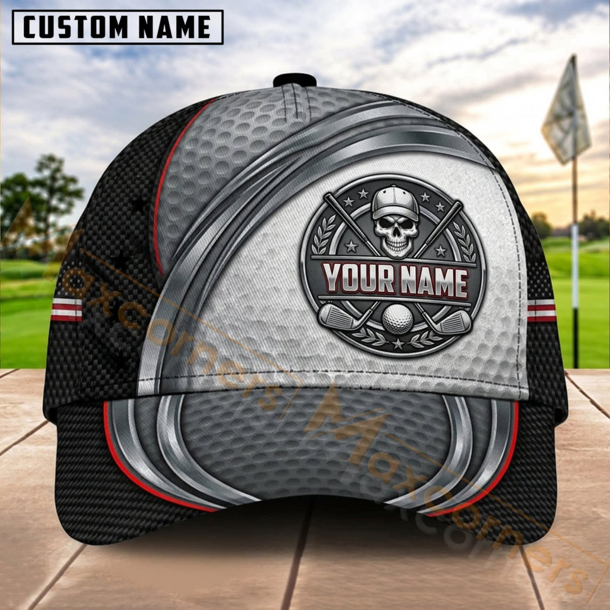 Maxcorners Golf Silver Skull Badge Dynamic Wave Personalized Name 3D Cap