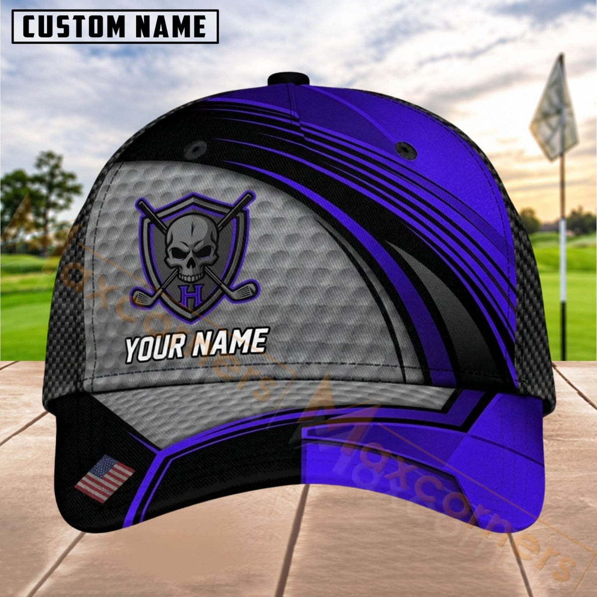 Maxcorners Golf Skull Shield Dynamic Stripe Personalized Name 3D Cap (8 Colors)