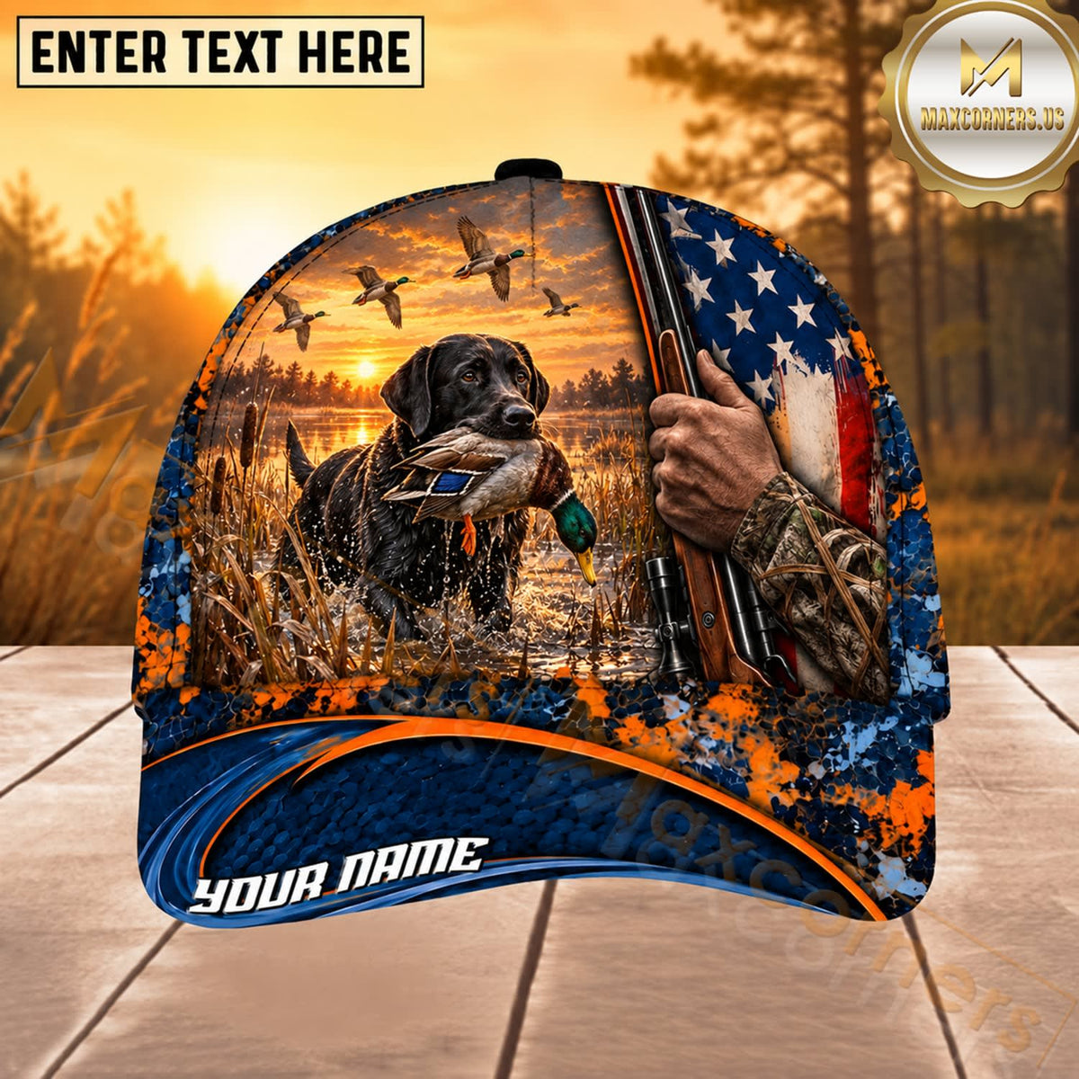 Maxcorners Dog Hunting And Duck American Flag Marsh Sunset Hunting Scene Multiple Options Personalized Name 3D Cap