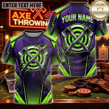 Maxcorners Axe Throwing Neon Green Purple Crossed Axes Personalized Name 3D Unisex Shirt