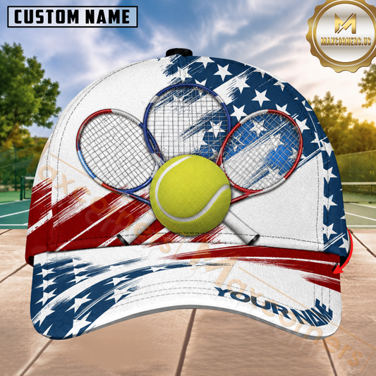Maxcorners Tennis American Stars Paint Brush Triple Rackets Personalized Name 3D Cap