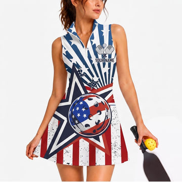 Maxcorners Pickleball Sleeveless Zipper Sports Dress Set American Eagle Star Shield Personalized Name 3D Sleeveless Zipper Sports Dress Set