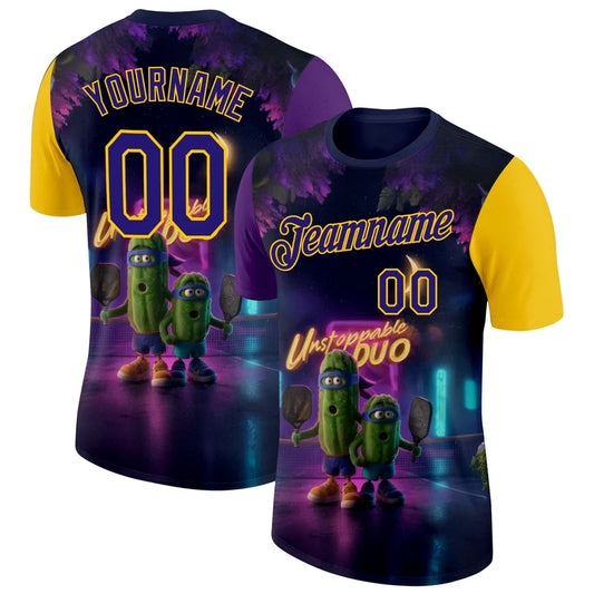 Maxcorners Unstoppable Duo Pickleball Pickles Court Neon City Purple Yellow Personalized Name 3D Unisex Shirt