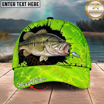Maxcorners Fishing Neon Green Lure Design Personalized Name 3D Cap (12 Fish Species)