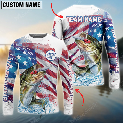 Maxcorners Bass Fishing Watercolor Usa Flag Personalized Name, Team Name 3D Long Sleeve Shirt