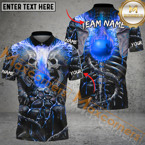 Maxcorners Skull Ball Flame Bowling Jersey Multicolor Option Customized Name, Team Name 3D Polo Shirt